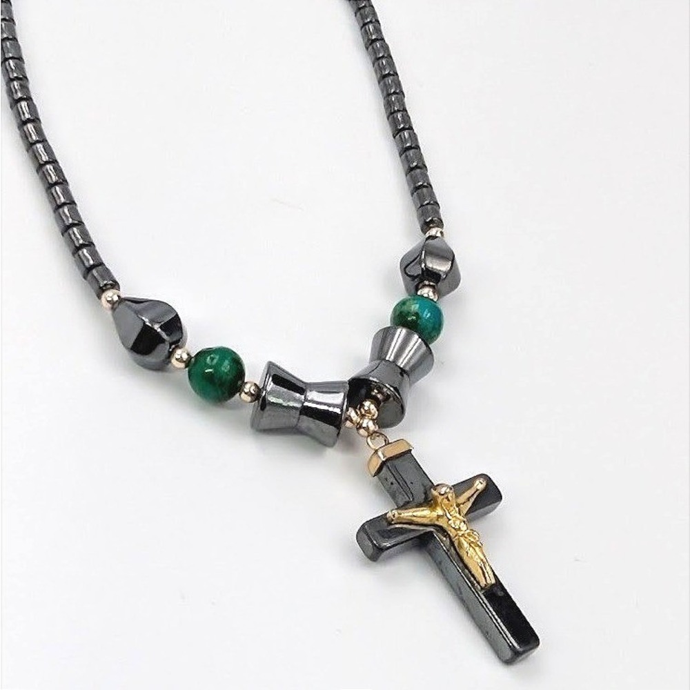 Vintage Crucifix Necklace Men Hematite‎ Cross Pendant Gunmetal Beads Catholic
